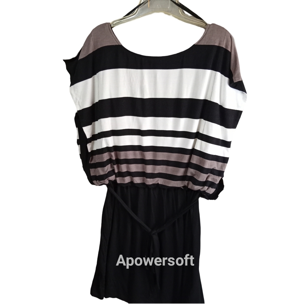 NWT Olivia Matthews 2x stripped drape dress w/ belt. Black, off white & taupe